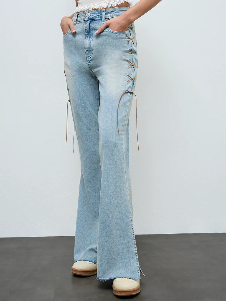 Nuon Light Blue Criss-Cross Bootcut High-Rise Jeans - Image 2
