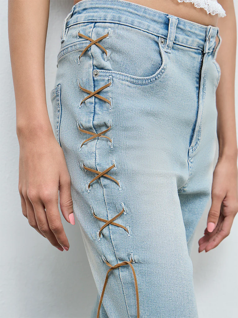 Nuon Light Blue Criss-Cross Bootcut High-Rise Jeans - Image 3