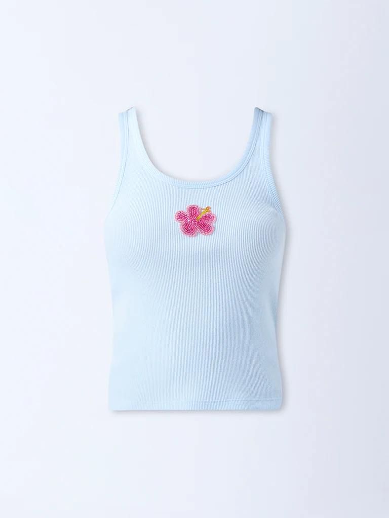 Nuon Light Blue Embellished Cotton-Blend Tank Top - Image 5