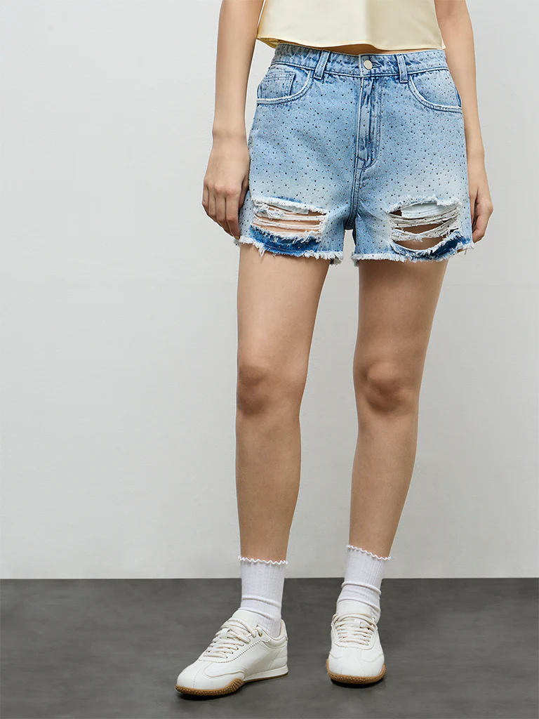 Nuon Light Blue Embellished High-Rise Denim Shorts - Image 3