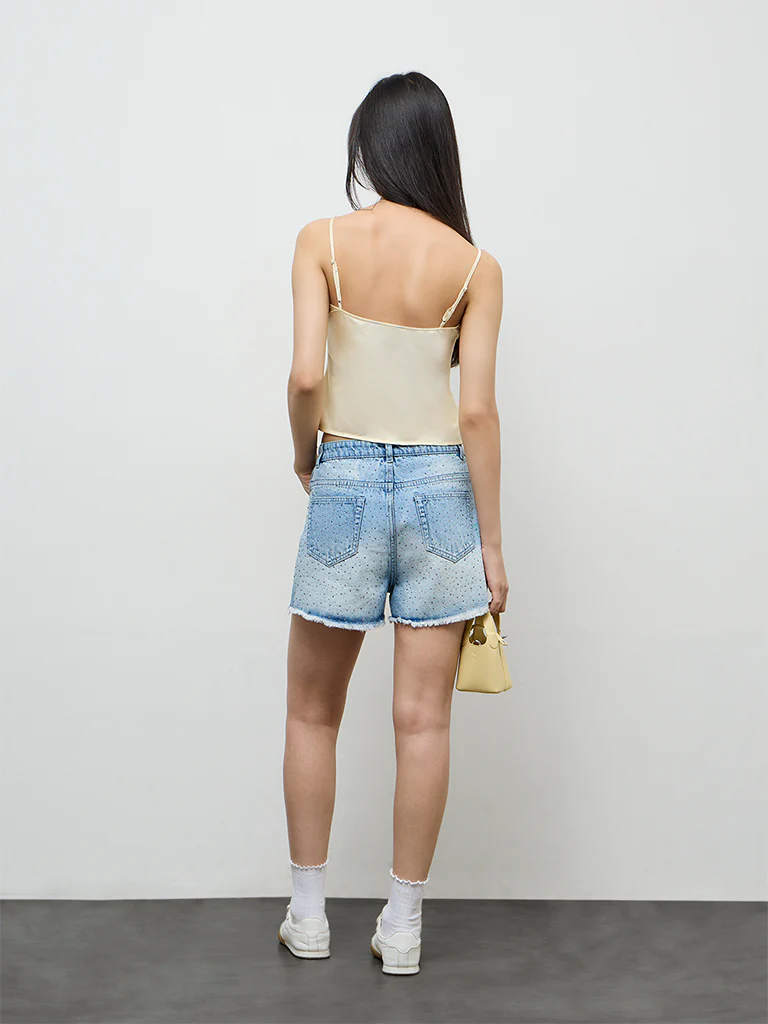 Nuon Light Blue Embellished High-Rise Denim Shorts - Image 4