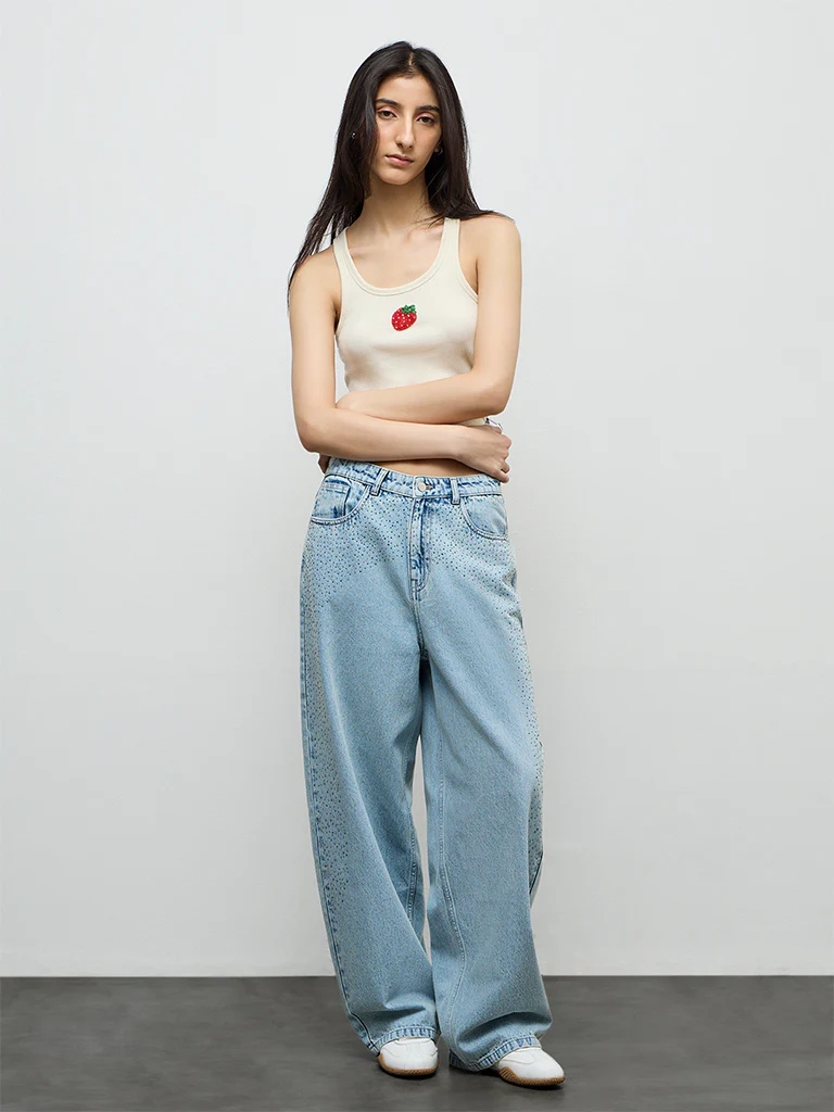 Nuon Light Blue Embellished High-Rise Jeans