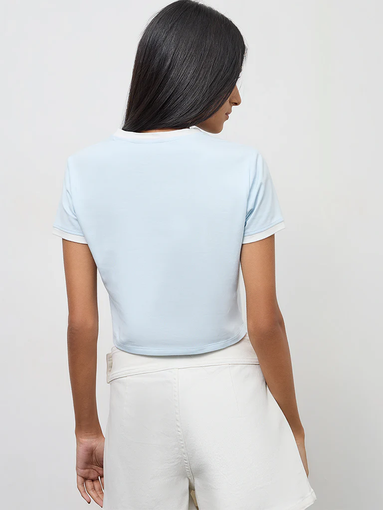 Nuon Light Blue Printed Cotton T-Shirt - Image 4