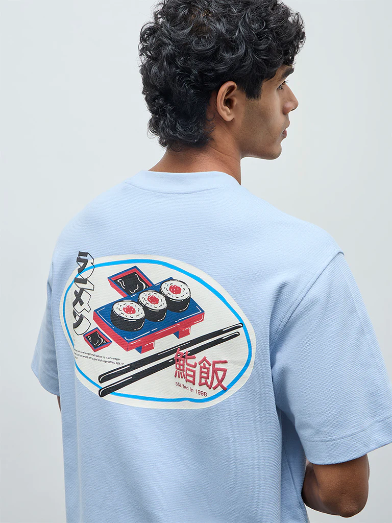 Nuon Light Blue Printed Relaxed-Fit Cotton T-Shirt - Image 3