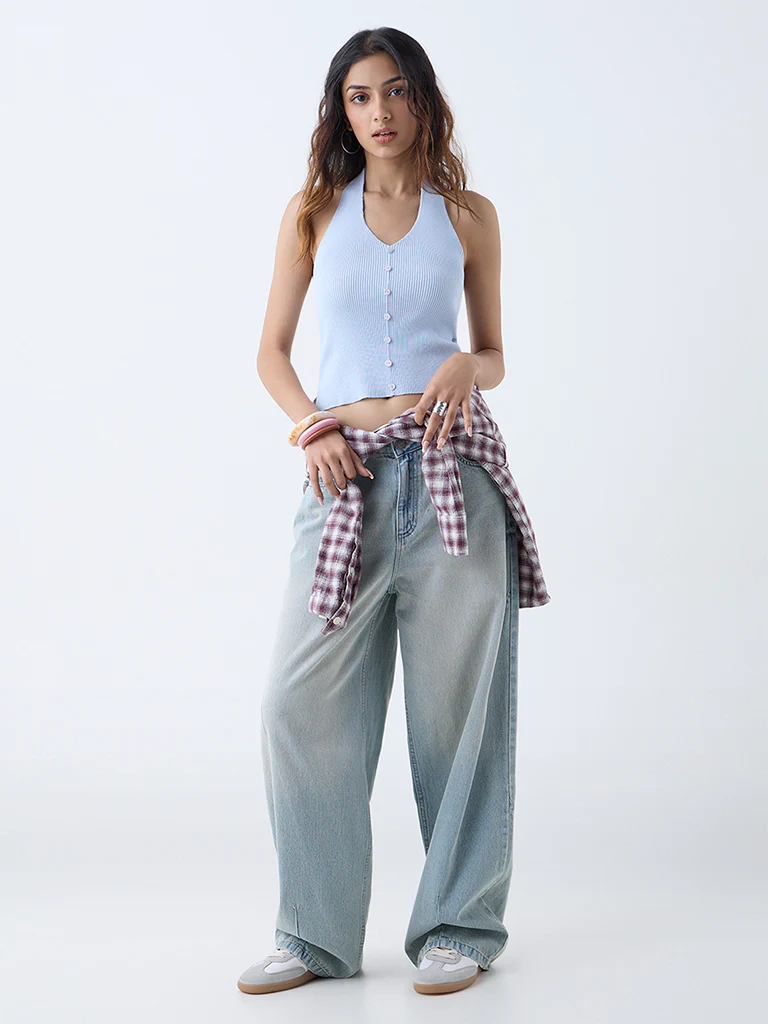 Nuon Light Blue Ribbed-Textured Top