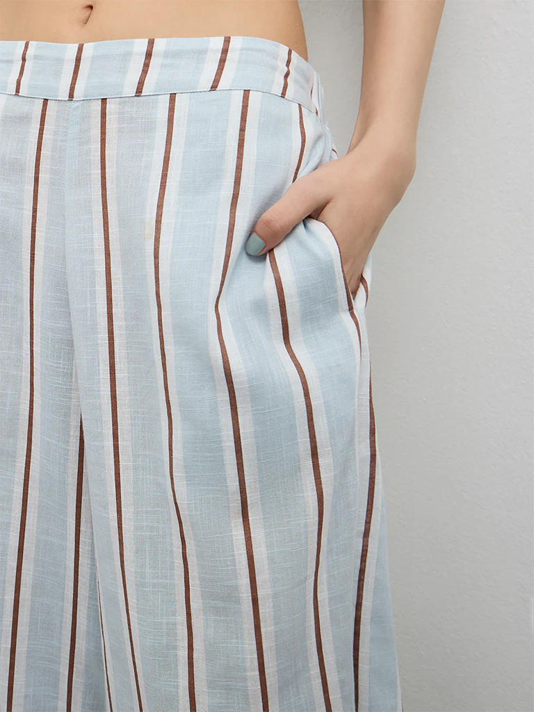 Nuon Light Blue Striped High-Rise Linen Trousers - Image 3