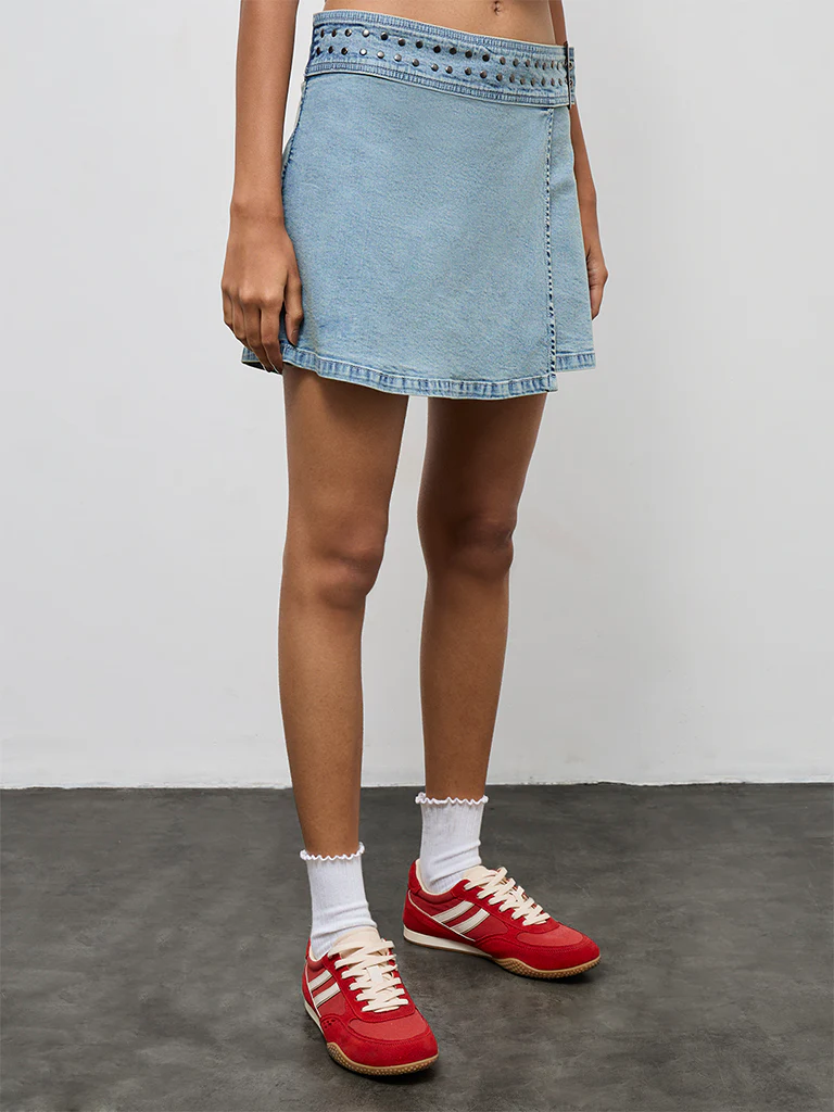 Nuon Light Blue Stud Detailed High-Rise Denim Skorts - Image 2