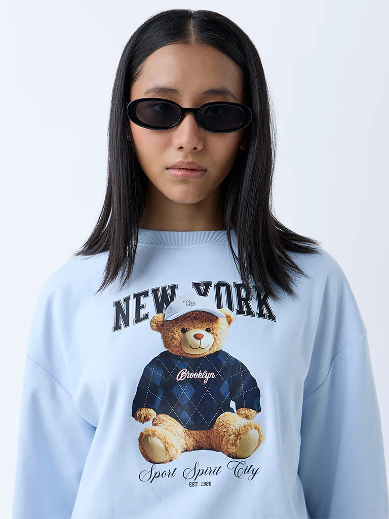 Nuon Light Blue Teddy Printed Cotton Sweatshirt - Image 3