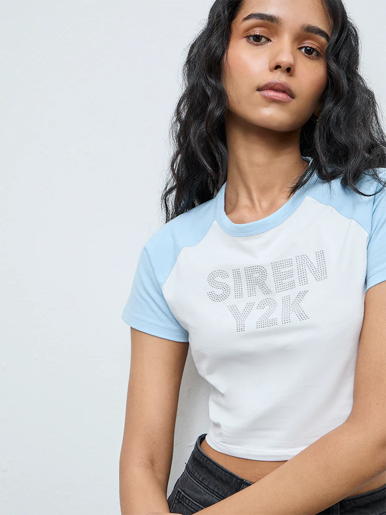 Nuon Light Blue Text Printed Cotton-Blend T-Shirt - Image 3