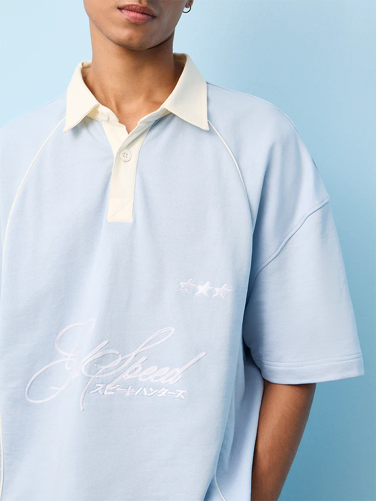 Nuon Light Blue Text-Printed Relaxed-Fit Cotton T-Shirt - Image 3