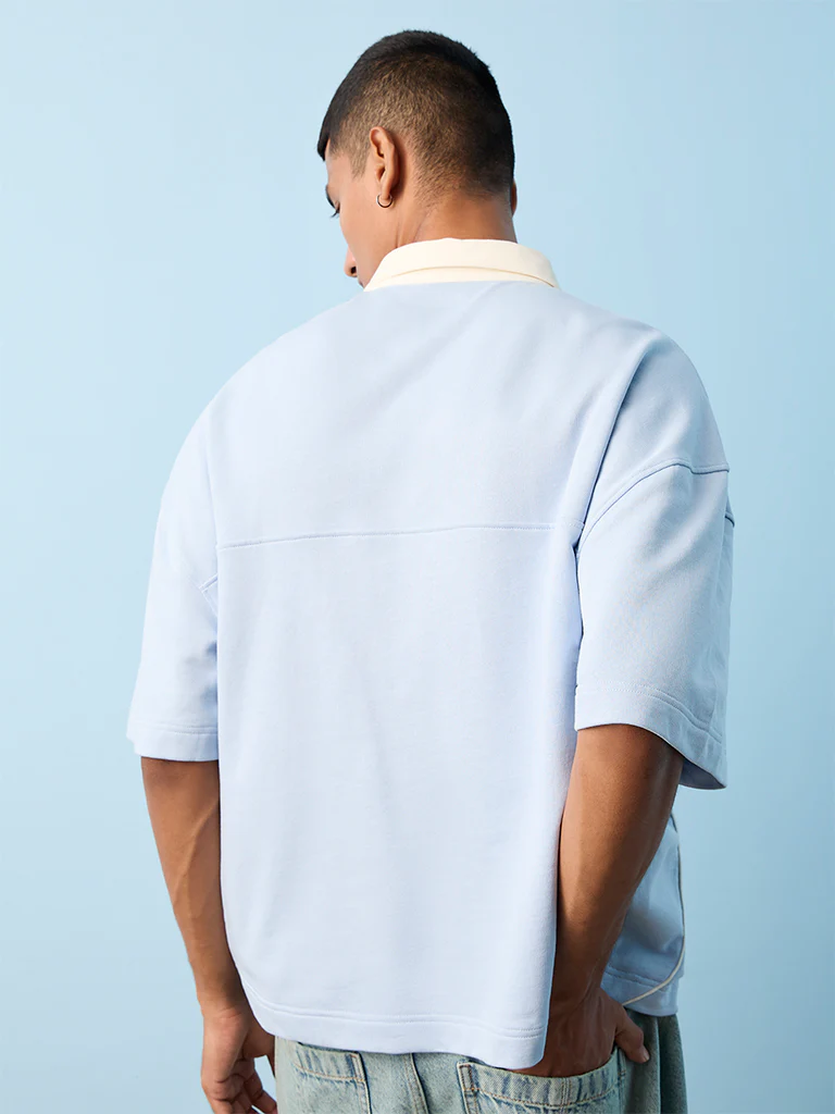 Nuon Light Blue Text-Printed Relaxed-Fit Cotton T-Shirt - Image 4