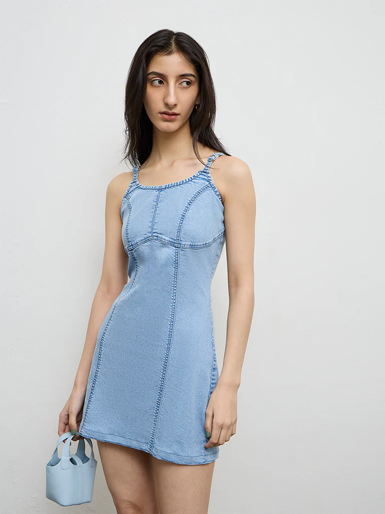 Nuon Light Blue Washed Denim A-Line Dress - Image 2