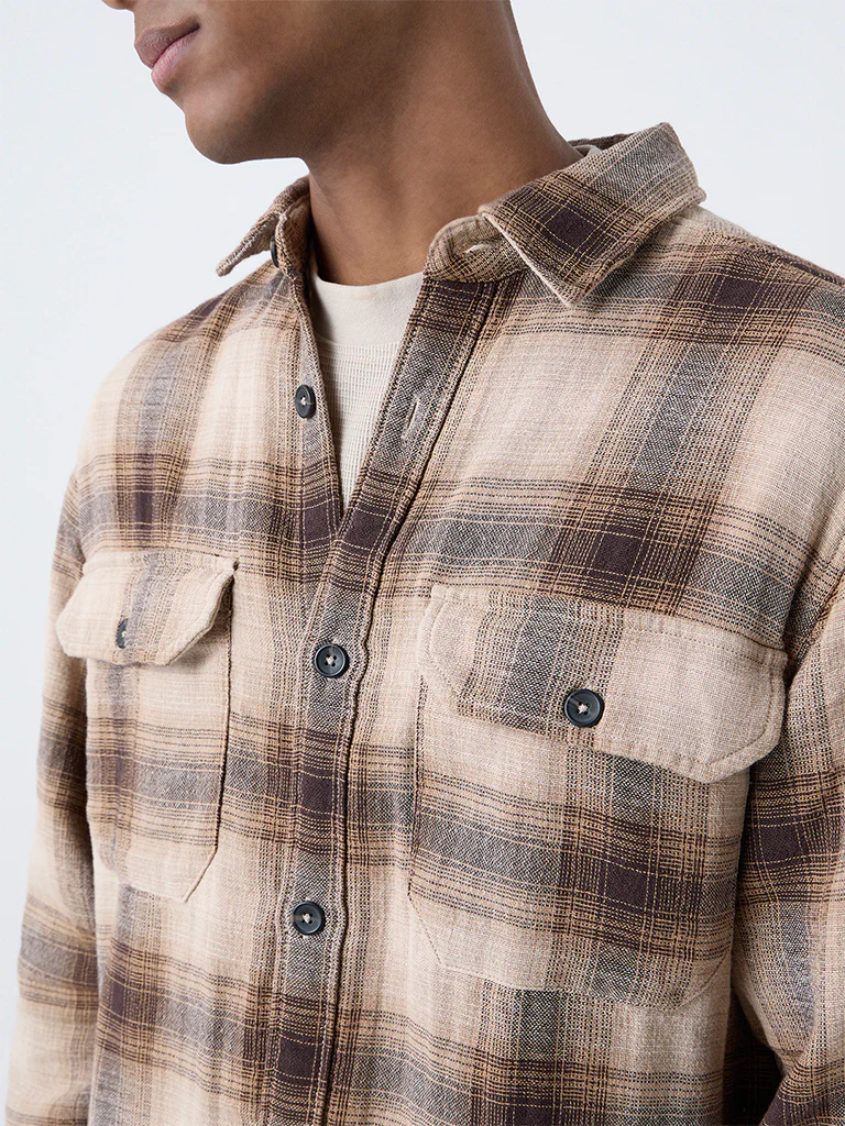Nuon Light Brown Checkered Relaxed-Fit Cotton Shirt - Image 3