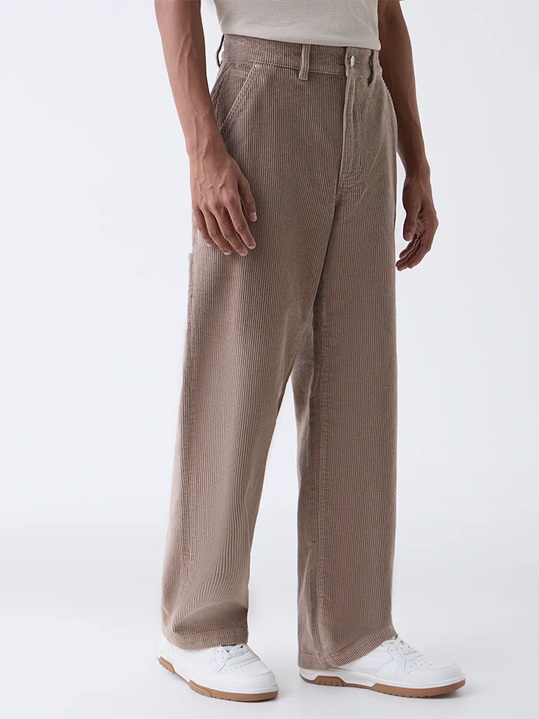 Nuon Light Brown Relaxed-Fit Mid-Rise Corduroy Trousers - Image 3