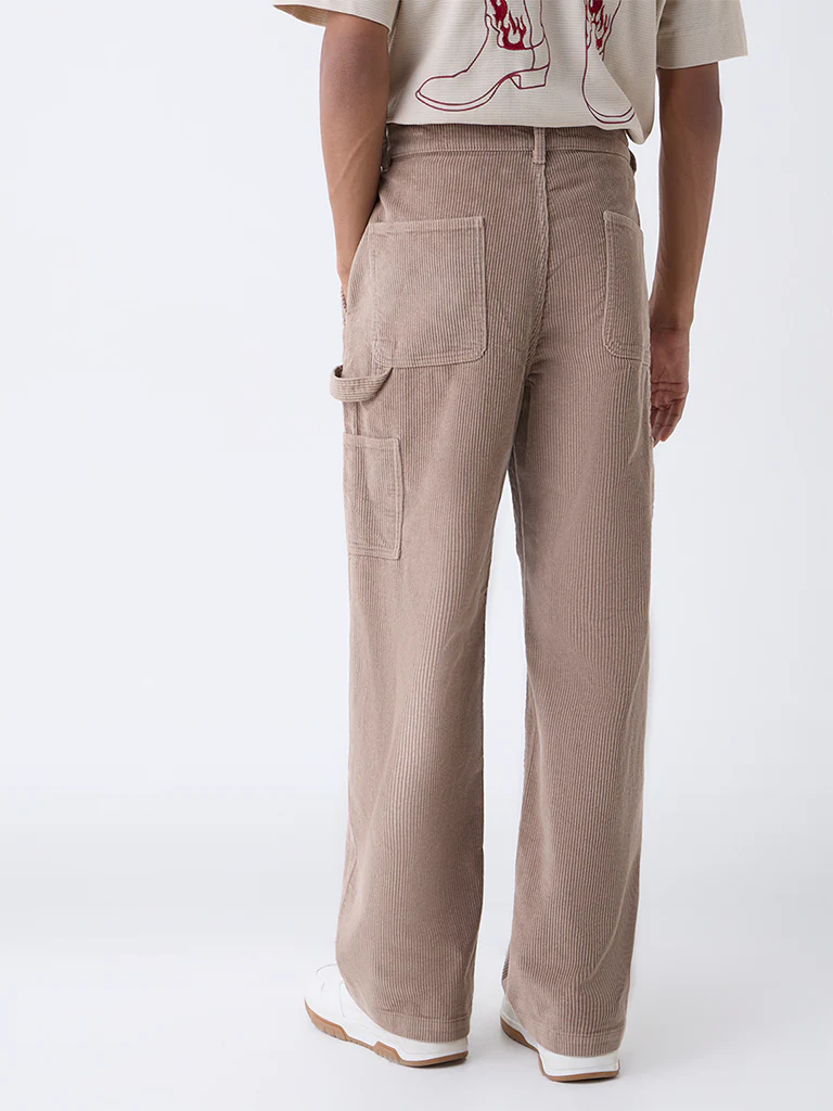 Nuon Light Brown Relaxed-Fit Mid-Rise Corduroy Trousers - Image 5