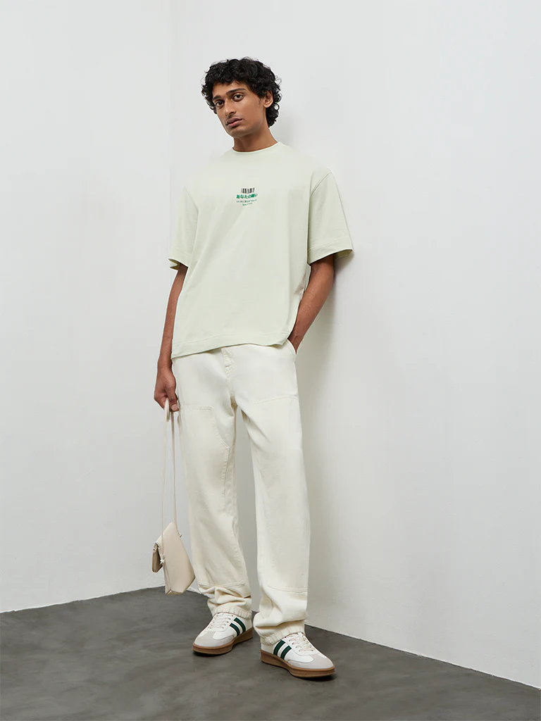Nuon Light Green Graphic Printed Relaxed-Fit Cotton T-Shirt
