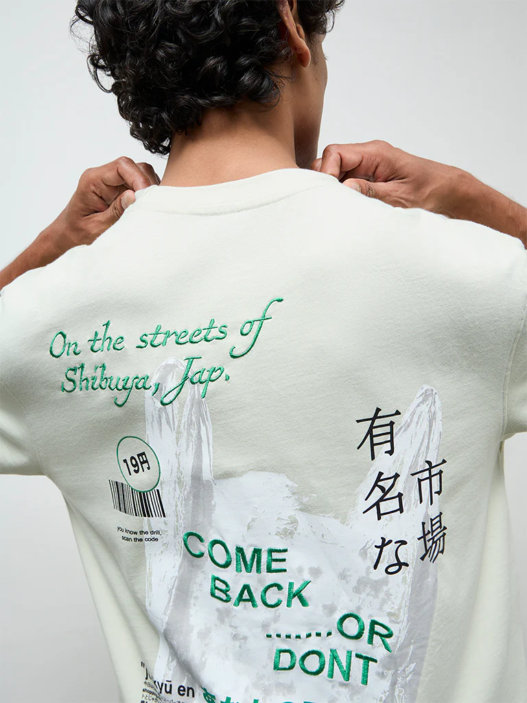 Nuon Light Green Graphic Printed Relaxed-Fit Cotton T-Shirt - Image 3