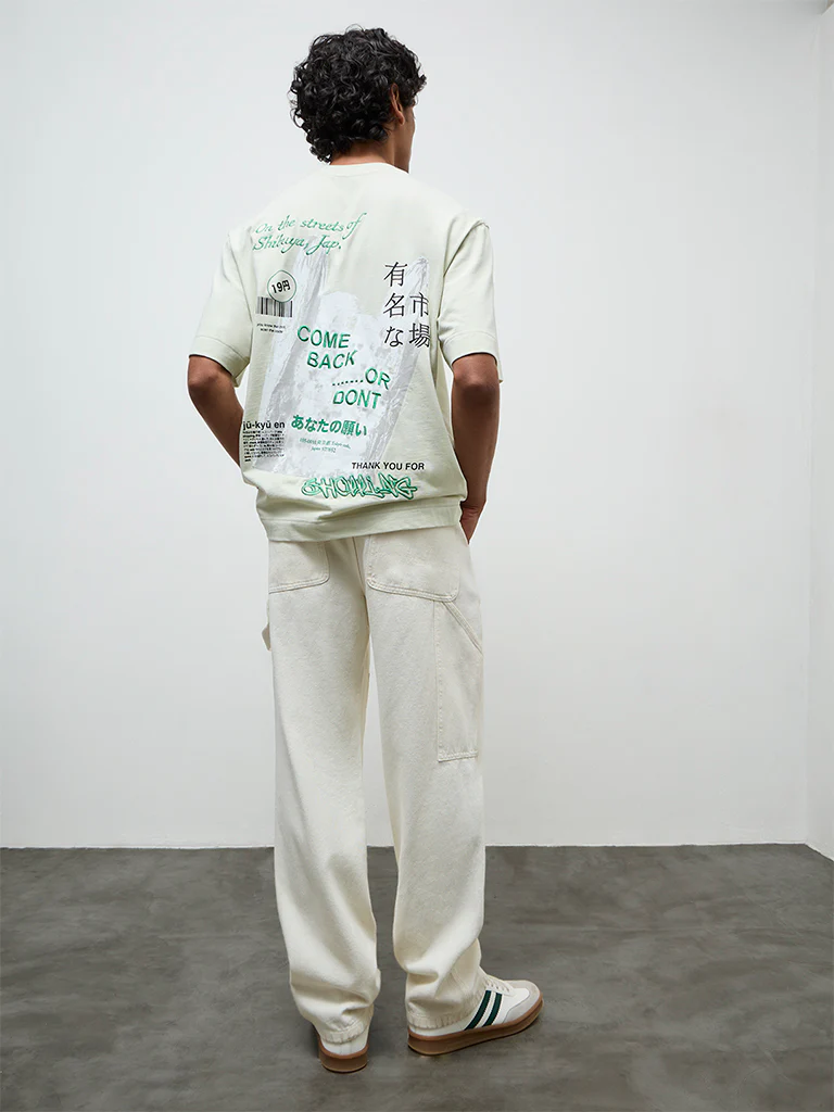 Nuon Light Green Graphic Printed Relaxed-Fit Cotton T-Shirt - Image 4