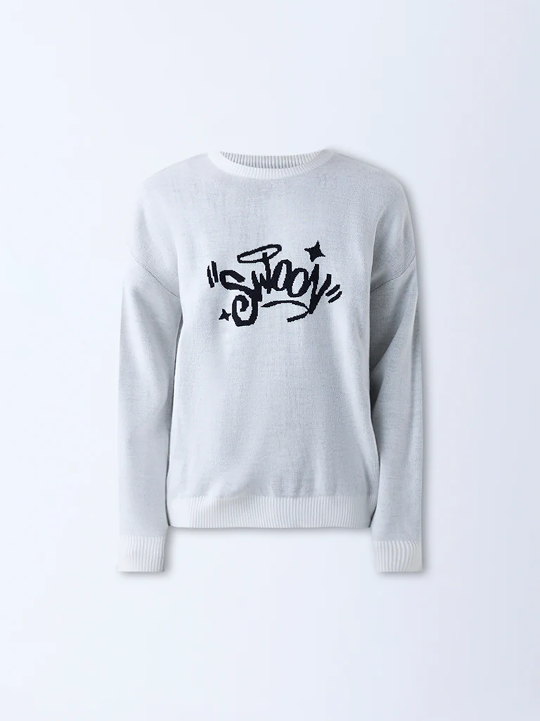 Nuon Light Grey Typographic Relaxed-Fit Sweater - Image 5