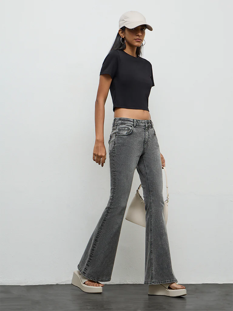 Nuon Light Grey Washed High-Rise Flared Jeans