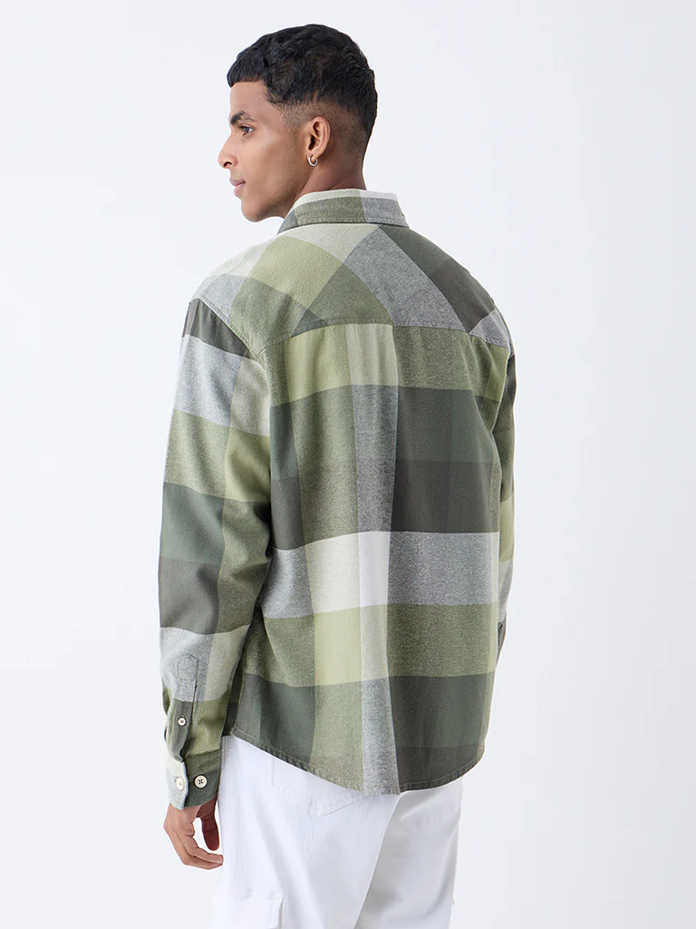 Nuon Light Olive Checkered Relaxed Fit Cotton Shirt - Image 4