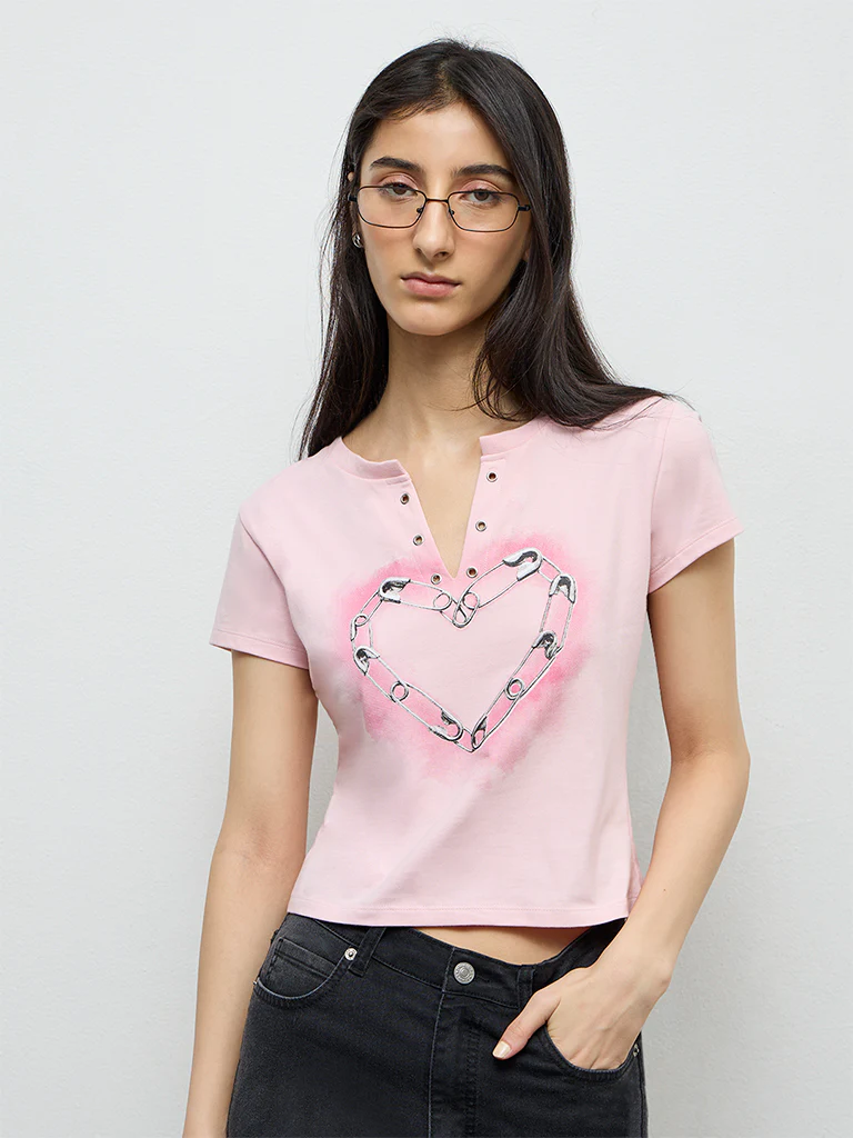 Nuon Light Pink Graphic Printed Cotton-Blend T-Shirt