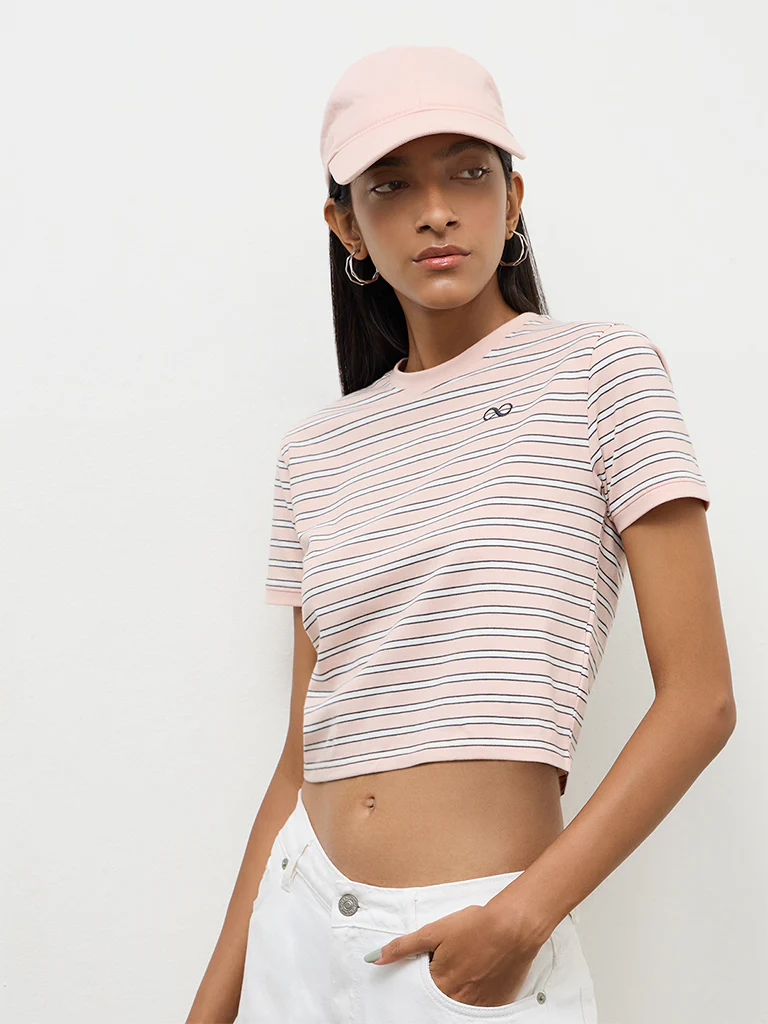Nuon Light Pink Striped Cotton-Blend T-Shirt