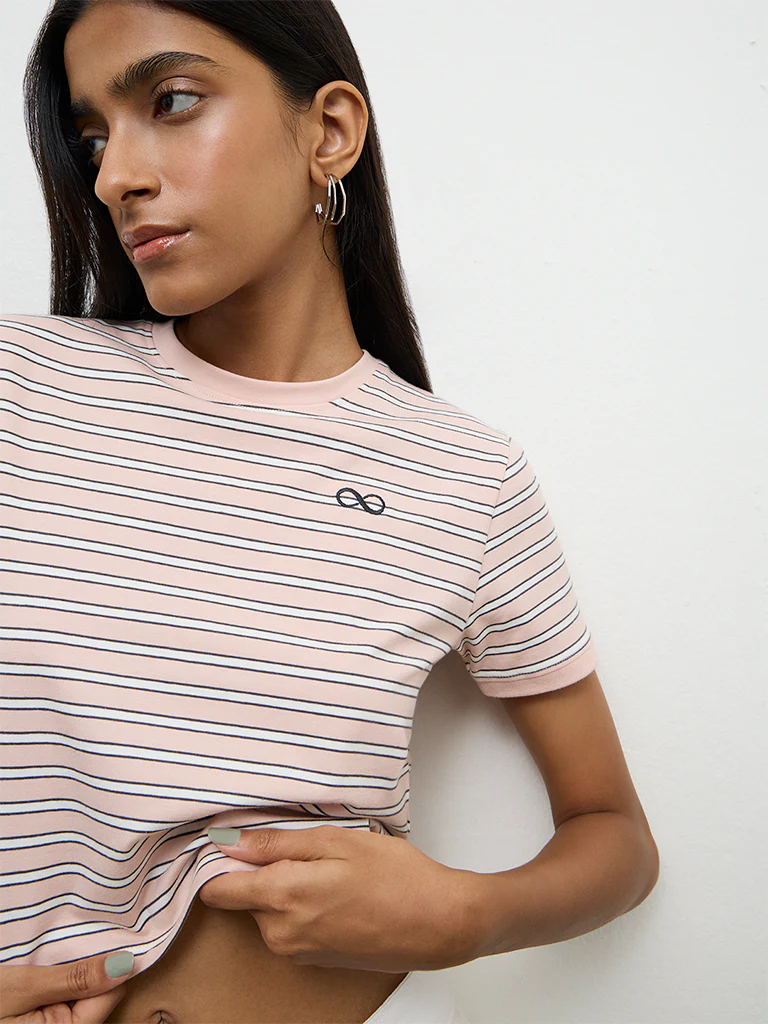 Nuon Light Pink Striped Cotton-Blend T-Shirt - Image 3