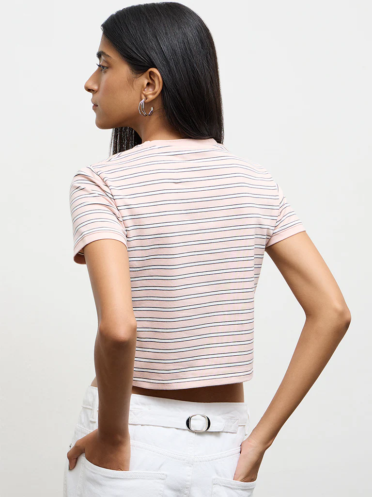 Nuon Light Pink Striped Cotton-Blend T-Shirt - Image 4