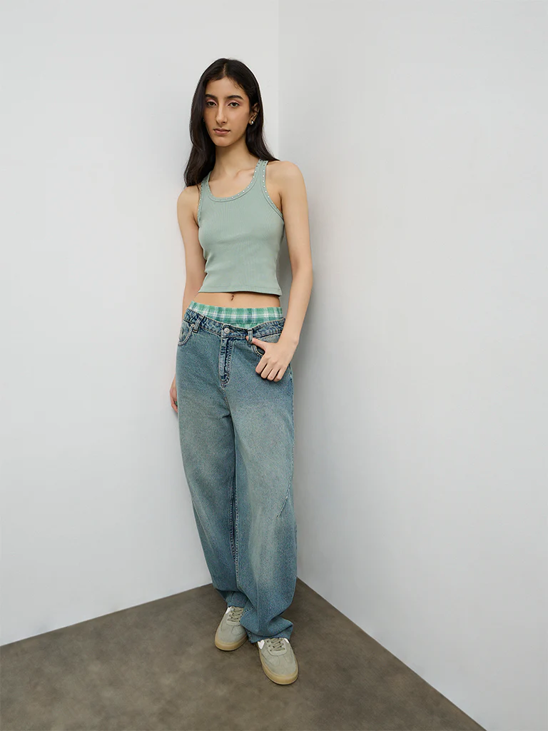 Nuon Light Sage Stud-Detailed Cotton-Blend Top