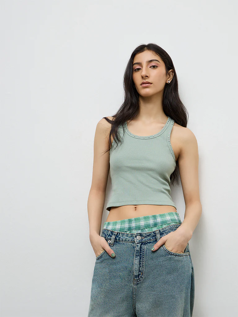 Nuon Light Sage Stud-Detailed Cotton-Blend Top - Image 2