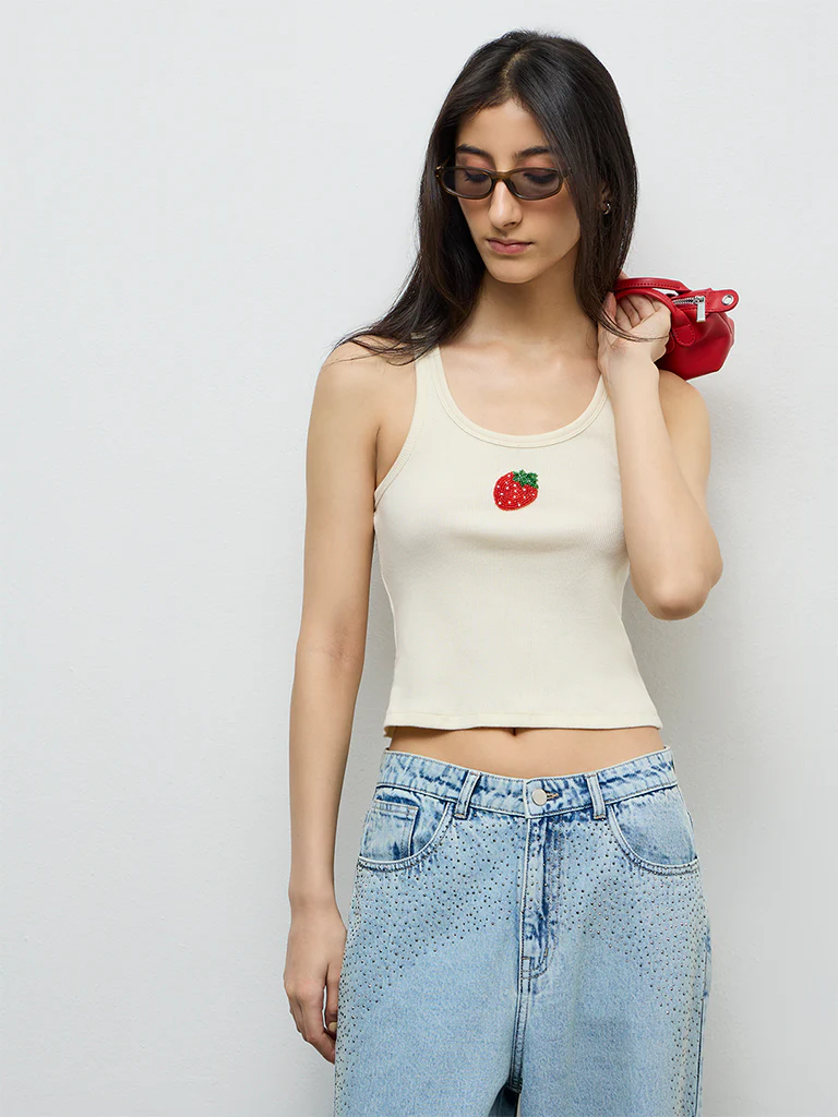 Nuon Light Yellow Embroidered Cotton-Blend Tank Top