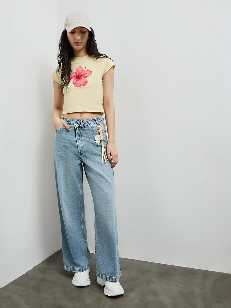 Nuon Light Yellow Floral Printed Cotton-Blend T-Shirt - Image 2