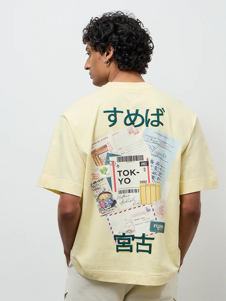 Nuon Light Yellow Printed Relaxed-Fit Cotton T-Shirt - Image 4
