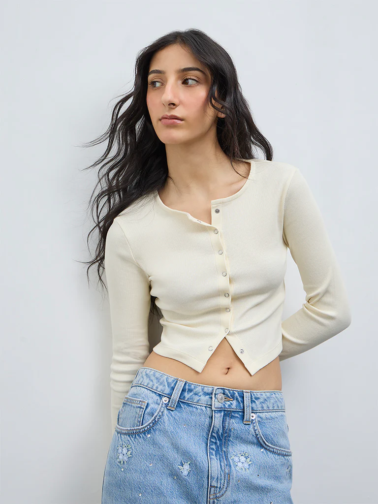 Nuon Light Yellow Ribbed-Textured Cotton-Blend Top