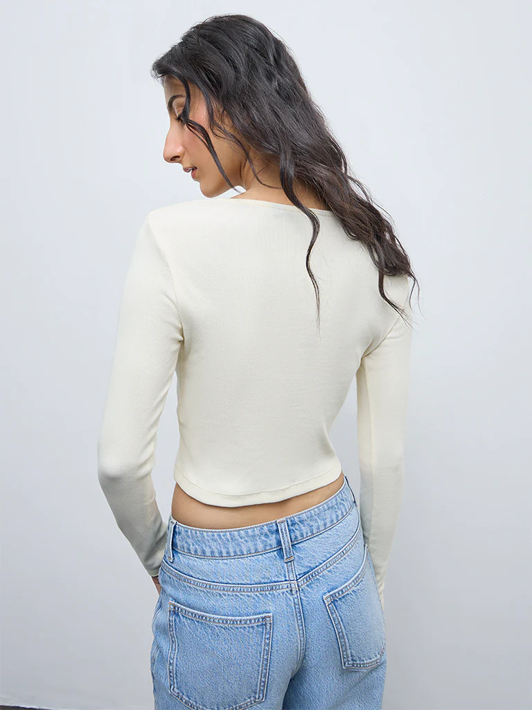 Nuon Light Yellow Ribbed-Textured Cotton-Blend Top - Image 4
