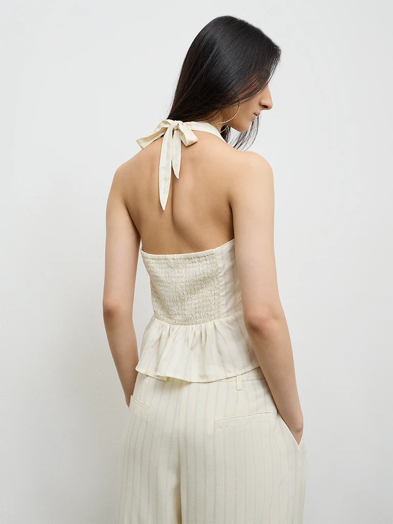 Nuon Light Yellow Striped Halter-Neck Linen Top - Image 3