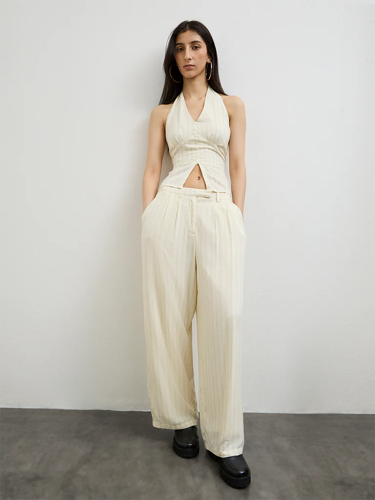 Nuon Light Yellow Striped High-Rise Trousers