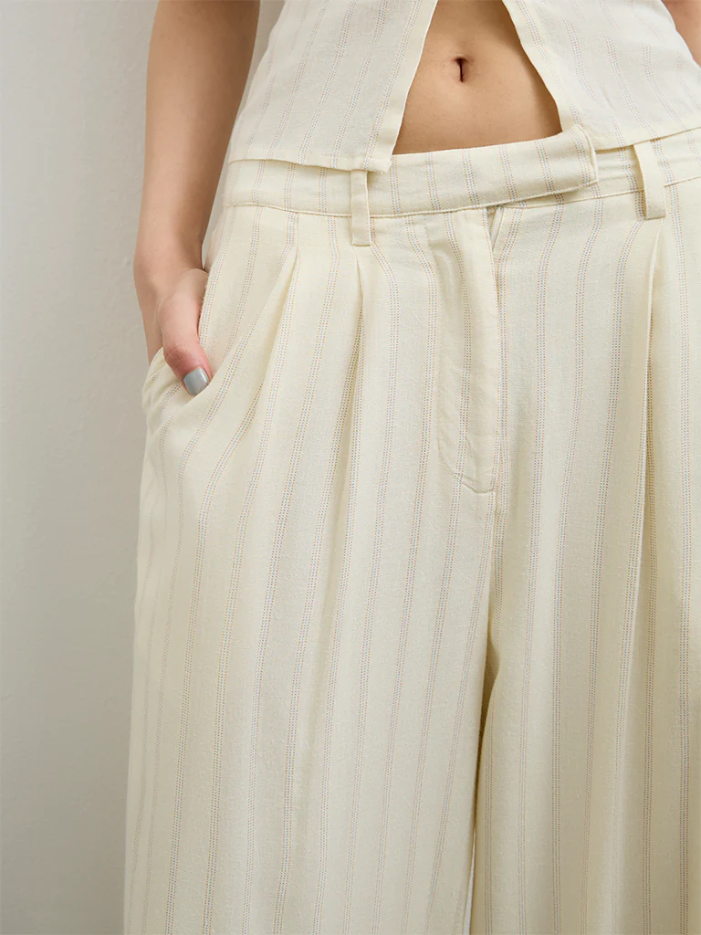 Nuon Light Yellow Striped High-Rise Trousers - Image 3