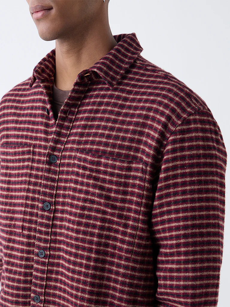 Nuon Maroon Checkered Relaxed-Fit Cotton Shirt - Image 3