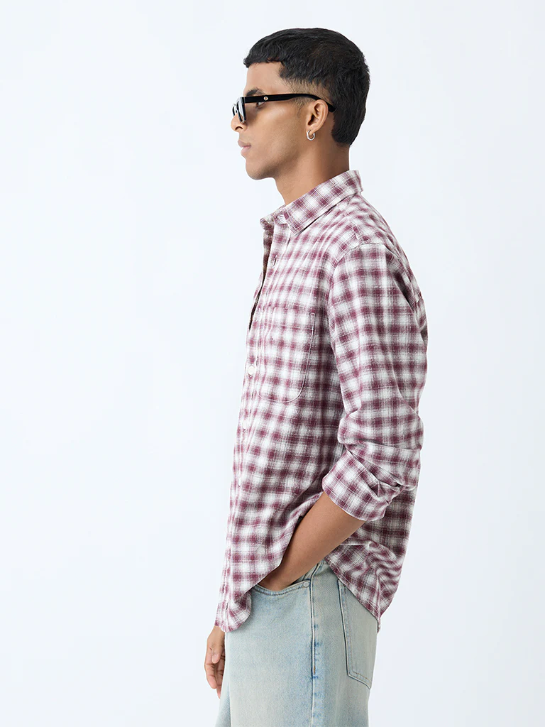 Nuon Maroon Checks Detailed Relaxed-Fit Cotton Shirt - Image 3