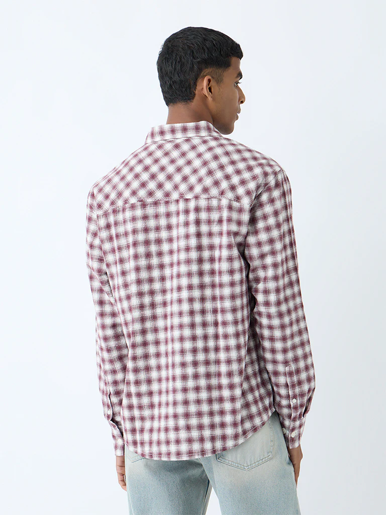 Nuon Maroon Checks Detailed Relaxed-Fit Cotton Shirt - Image 5