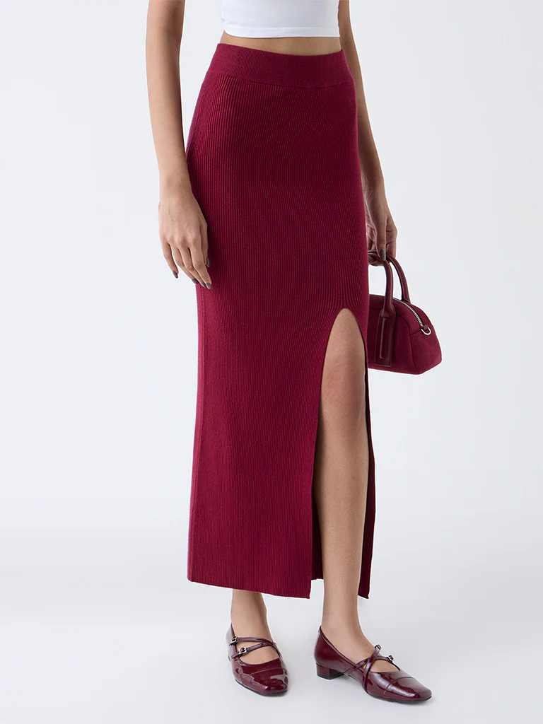 Nuon Maroon Ribbed-Textured High-Rise Cotton Skirt - Image 2
