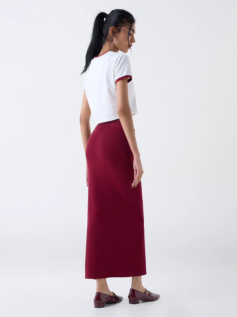 Nuon Maroon Ribbed-Textured High-Rise Cotton Skirt - Image 4