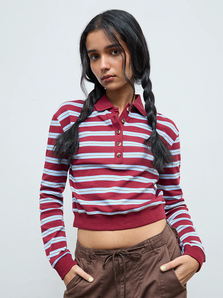 Nuon Maroon Striped Cotton T-Shirt