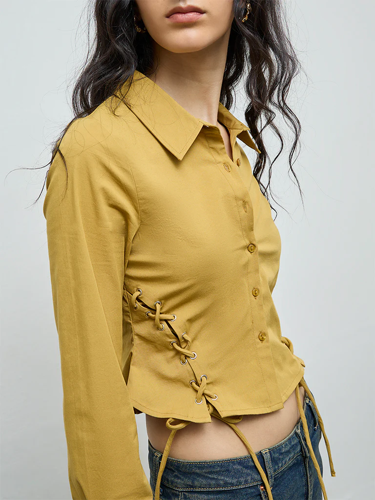 Nuon Mustard Criss-Cross Detailed Cotton Shirt - Image 3