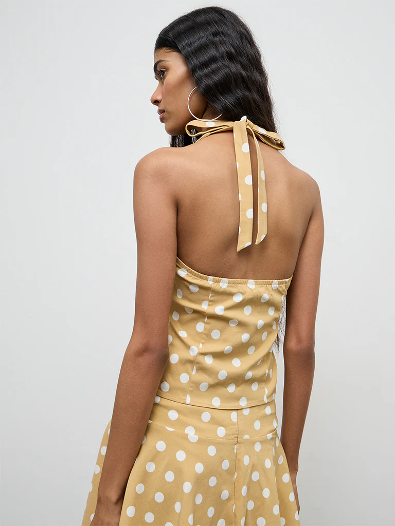 Nuon Mustard Polka Dot Printed Halter Neck Top - Image 4