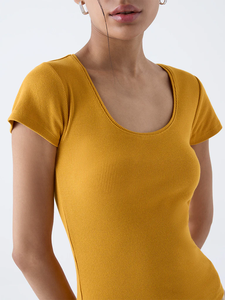 Nuon Mustard Ribbed Cotton-Blend T-Shirt - Image 3