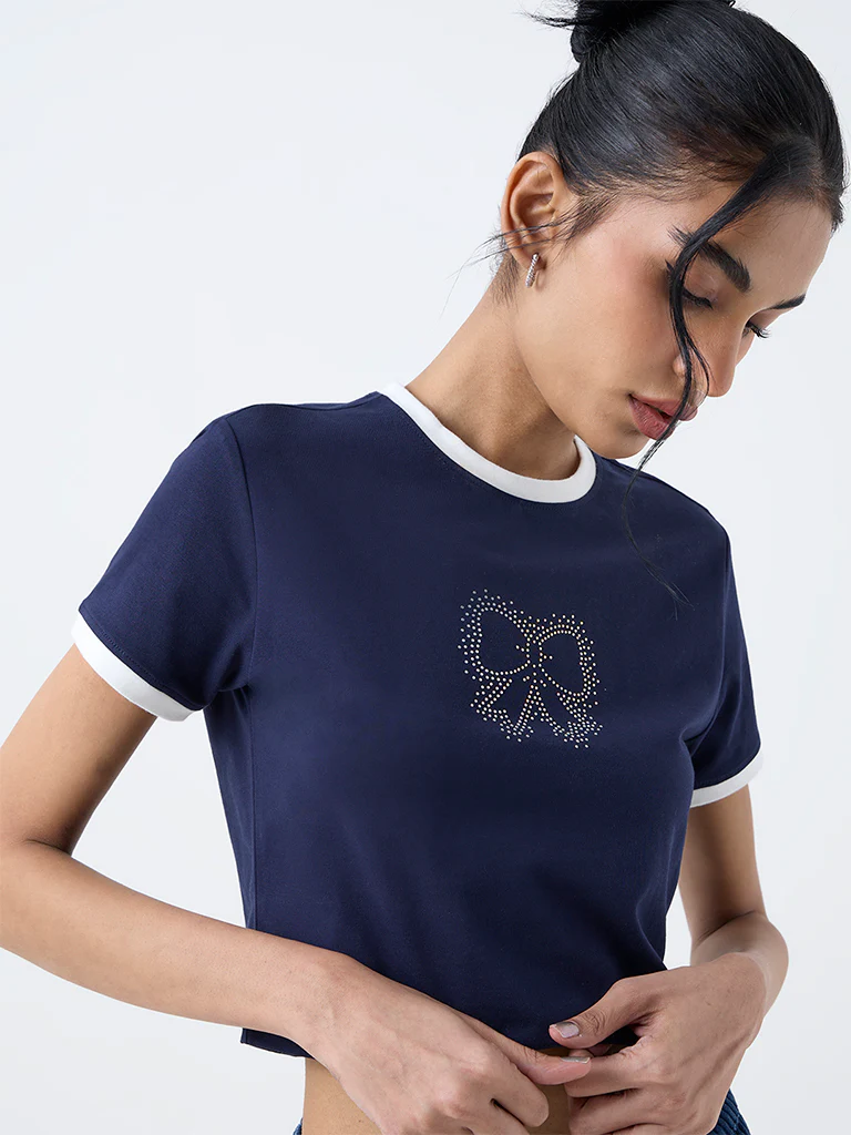 Nuon Navy Bow-Design Cotton-Blend T-Shirt