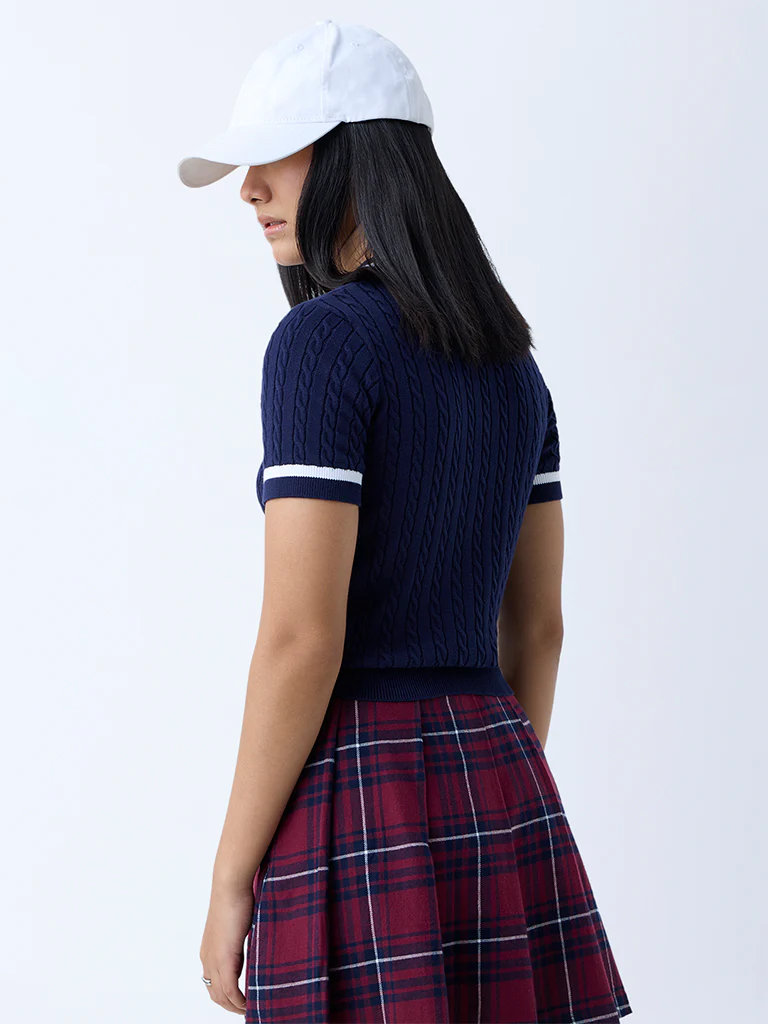 Nuon Navy Cable-Knit Cotton T-Shirt - Image 4